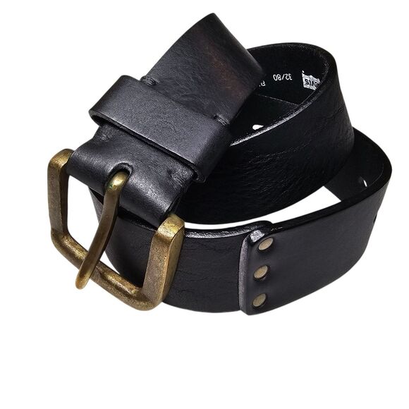 Levis Full Grain Leather Belt 32 Embossed Brass Buckle Black Workwear Unisex - Picture 1 of 8